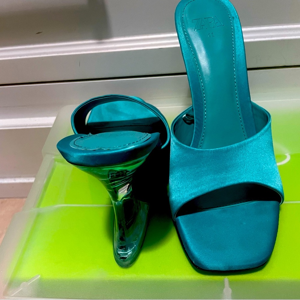 Satin sandals with a lucite heel in a fun color